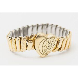 Vintage Gold & Silver Tone Heart Shaped Expansion Bracelet With Floral Engraving